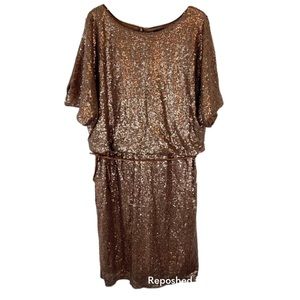 NWT Forever Bronze Gold Sequin Cold Shoulder Waist Tie Mini Cocktail Dress